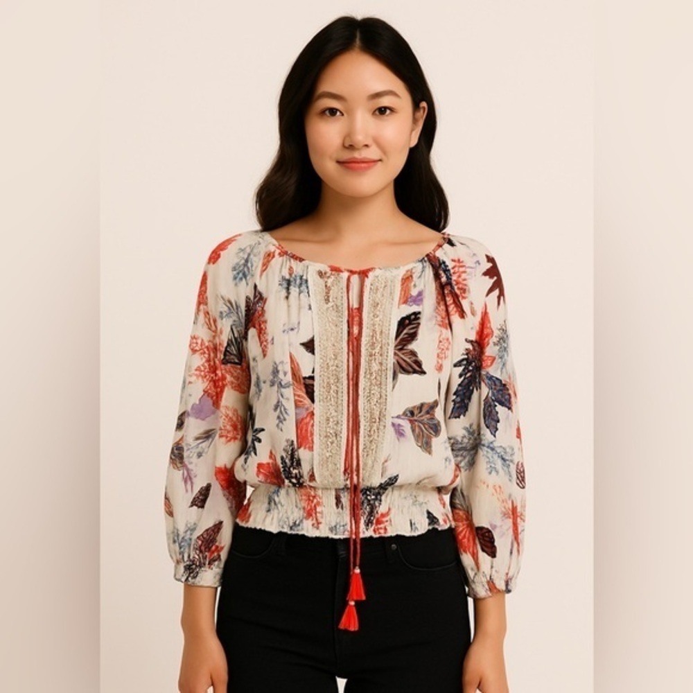 Raga Anthropologie Women's Cream Floral Leaf Print Tassel Tie Blouse NWT S #1128